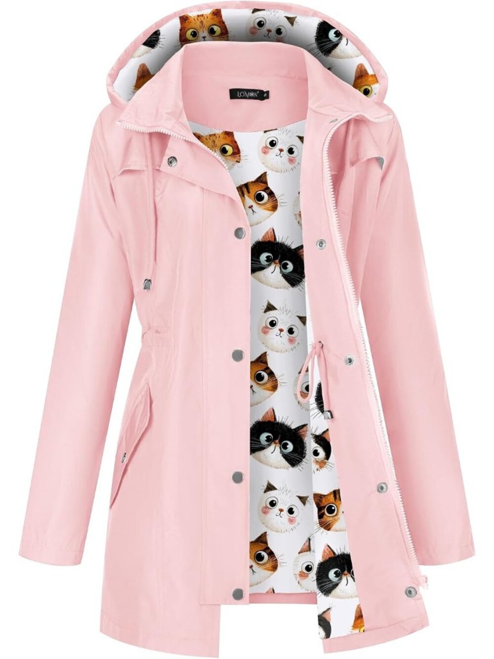 Women Pink Hooded Cat Patterned Lining Waterproof Hiking Windbreaker Trench Coat